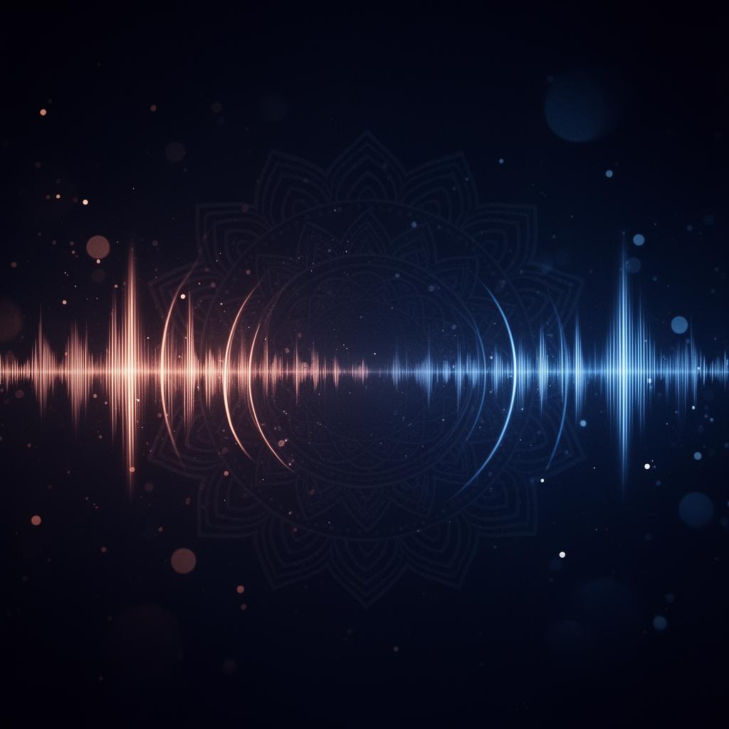 Abstract voice waveform with rose-gold and electric blue light over an Indian-inspired mandala