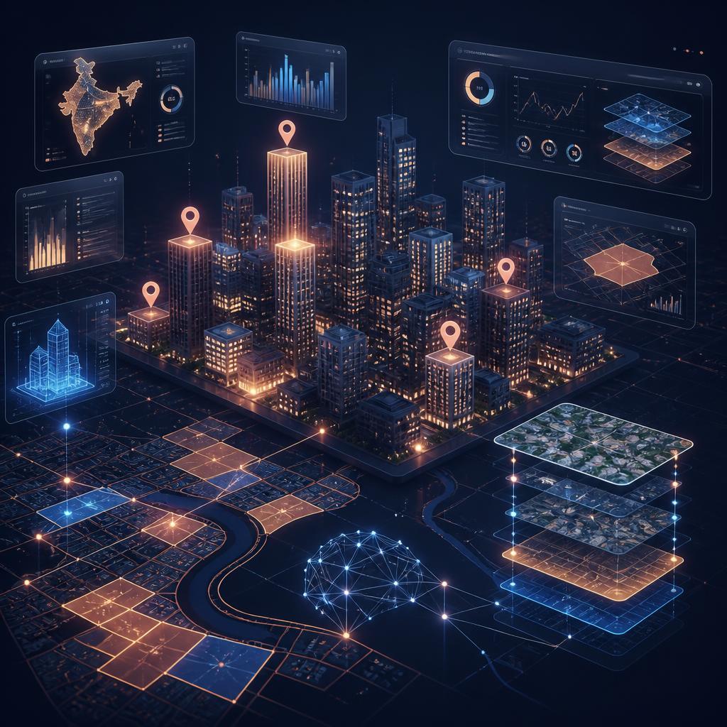 Jameendar property intelligence platform visual — glowing cityscape with GIS parcel maps, India map dashboards, and AI-powered property analytics