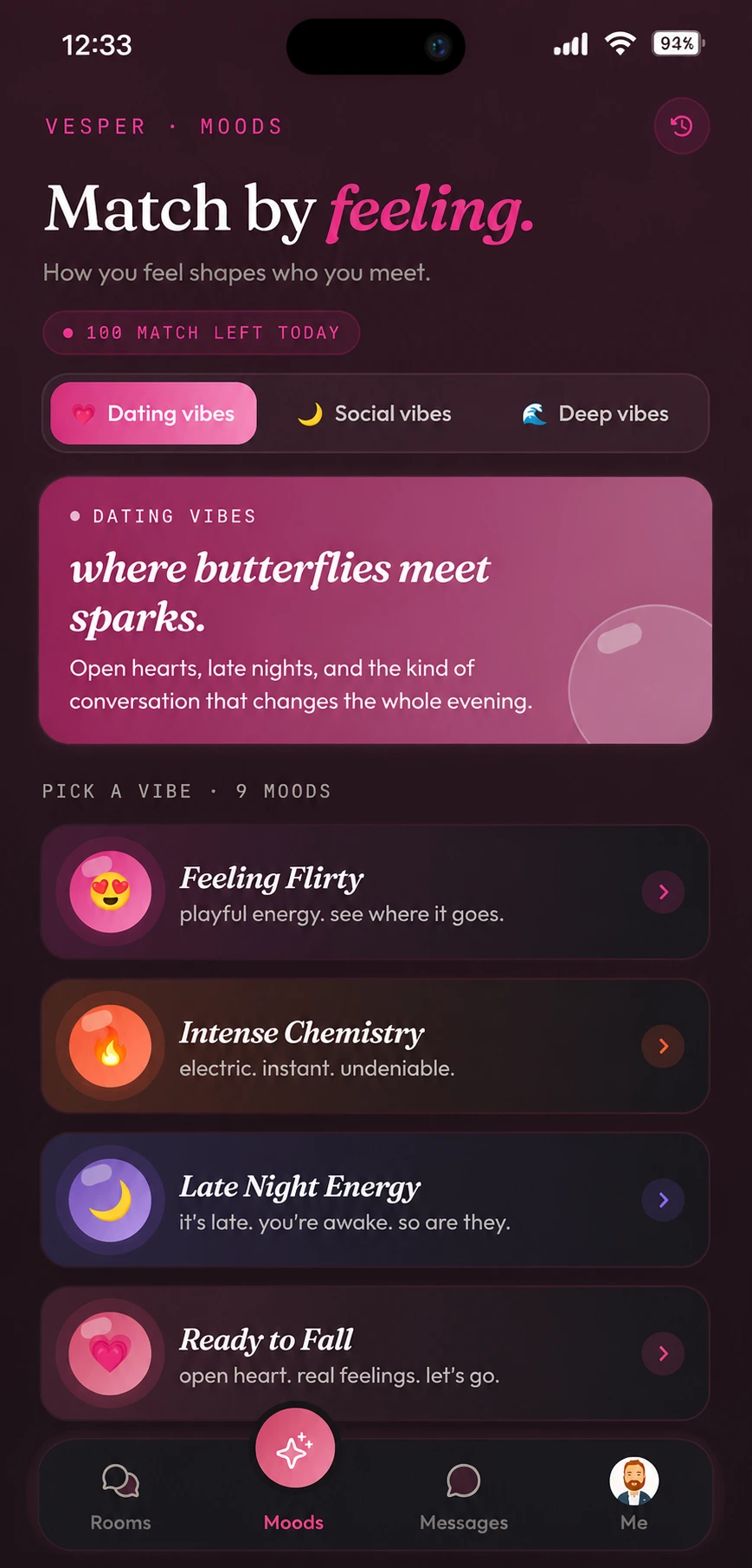 Vesper app — mood matching screen