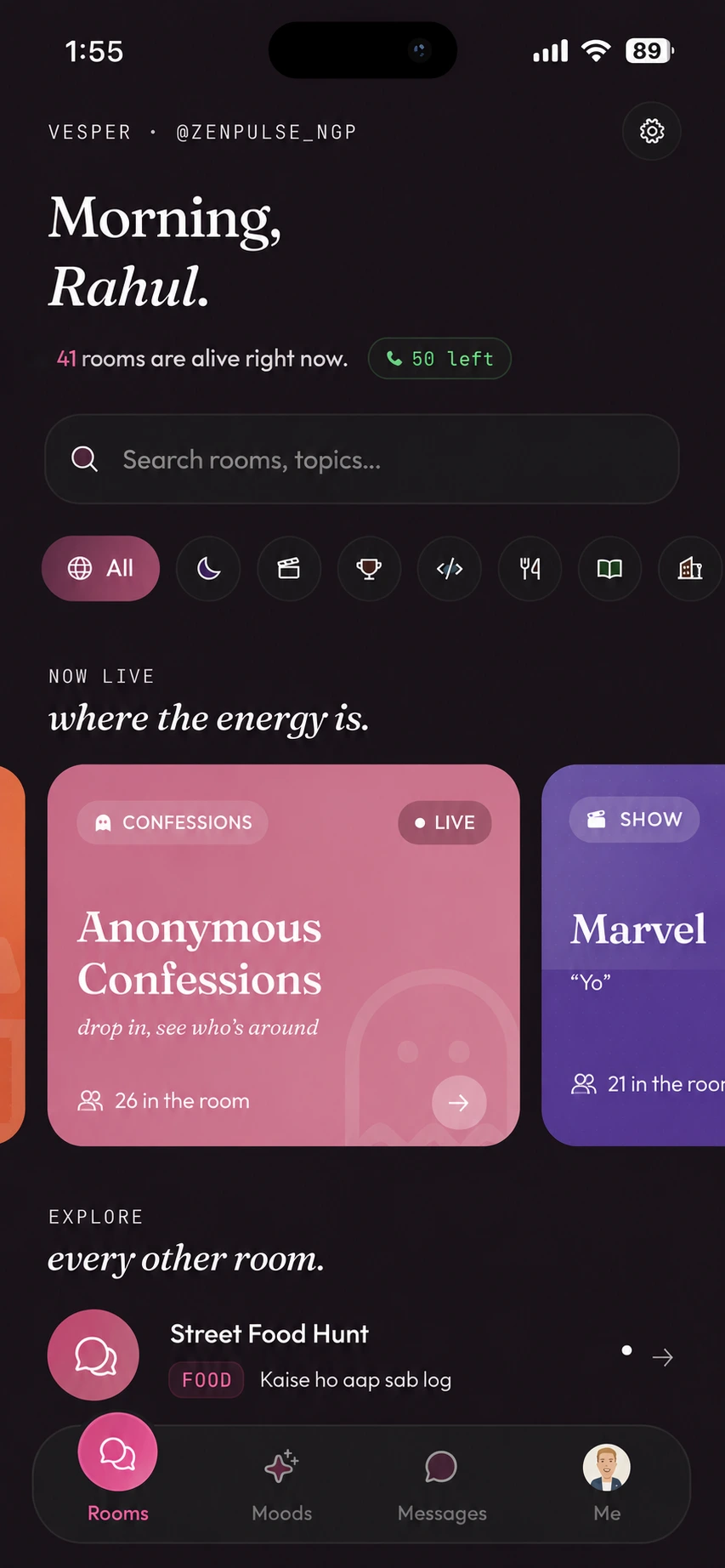 Vesper app — themed rooms screen